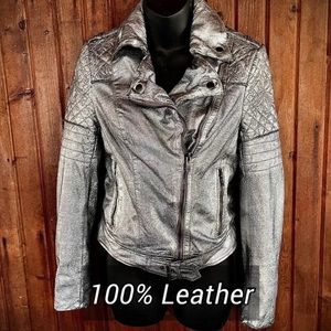 100% Leather Silver Jacket Quilted Moto Biker